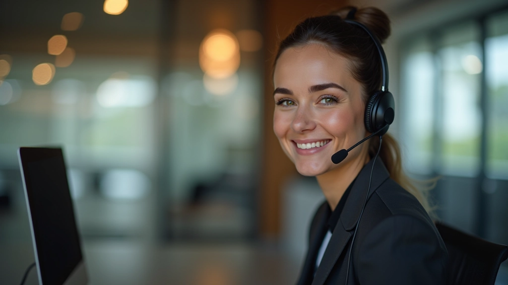 Profissional de atendimento ao cliente em ambiente corporativo moderno