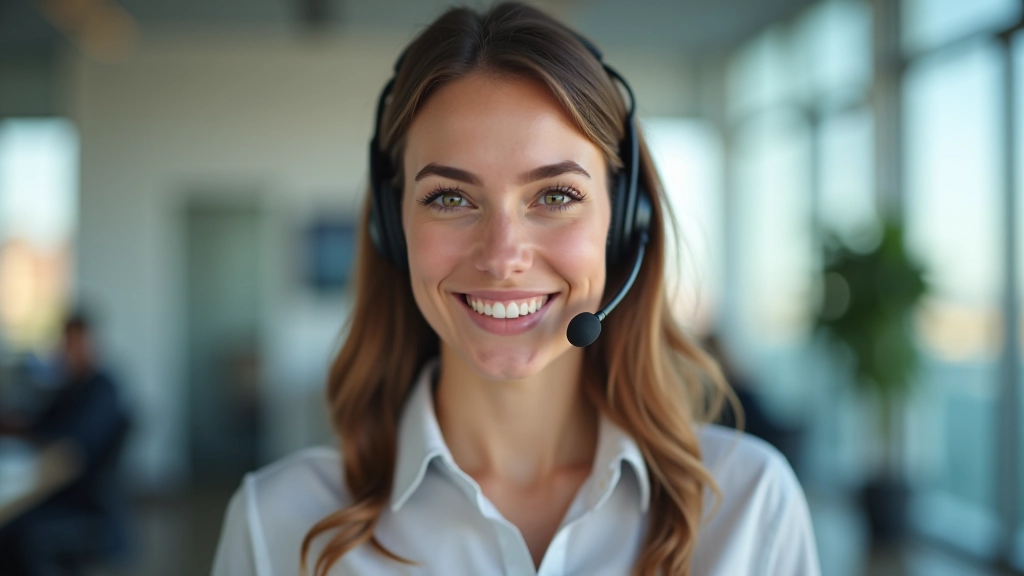 Profissional a fazer atendimento ao cliente com auricular, ambiente de trabalho moderno
