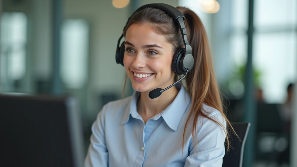 Profissional de atendimento ao cliente em ambiente de escritório moderno, sorridente, com auricular, ao computador