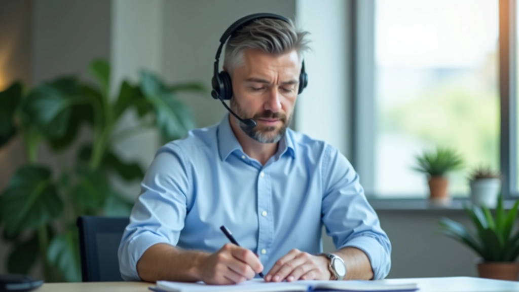 Profissional a conversar com cliente por telefone, anotações sobre resolução de problema