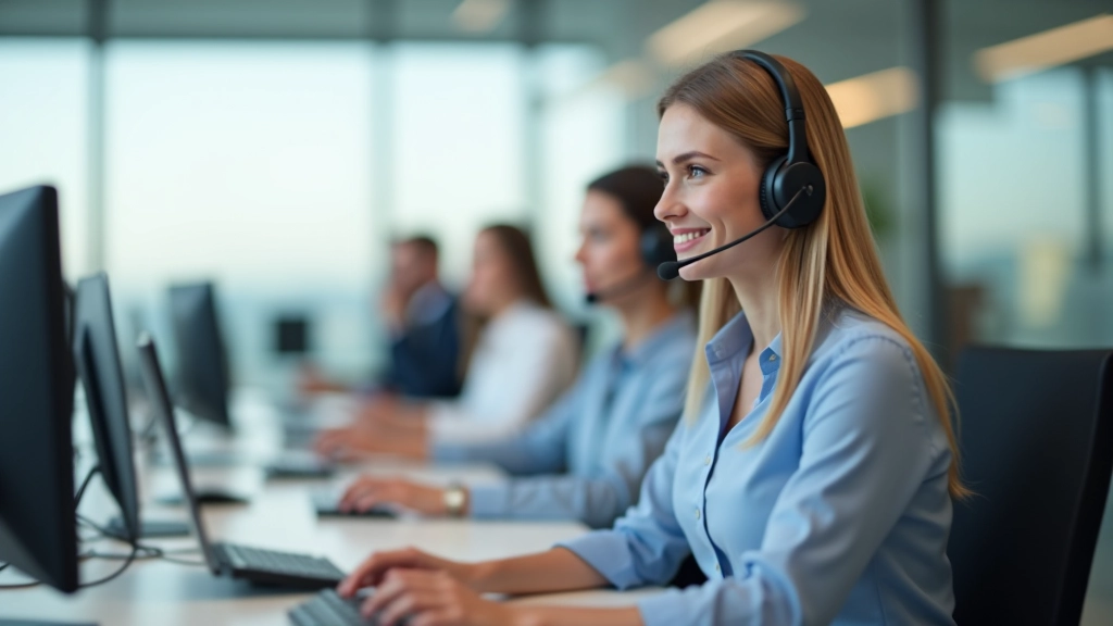 Ambiente de trabalho de atendimento ao cliente, equipa profissional em escritório moderno