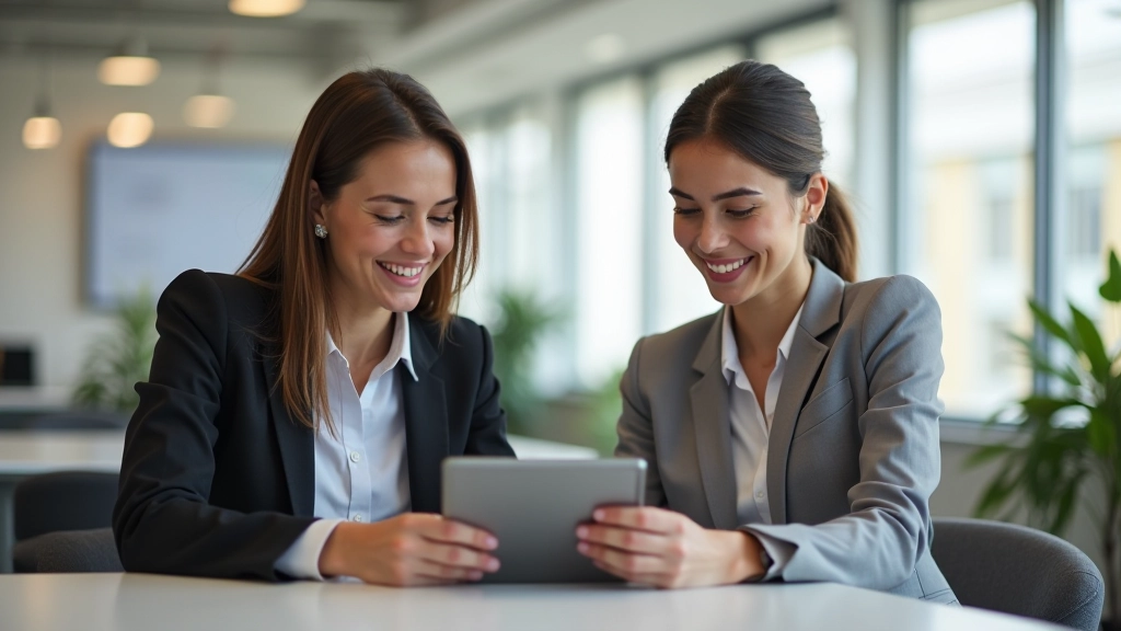 Dois profissionais em conversa, um com tablet mostrando solução, ambiente amigável de escritório