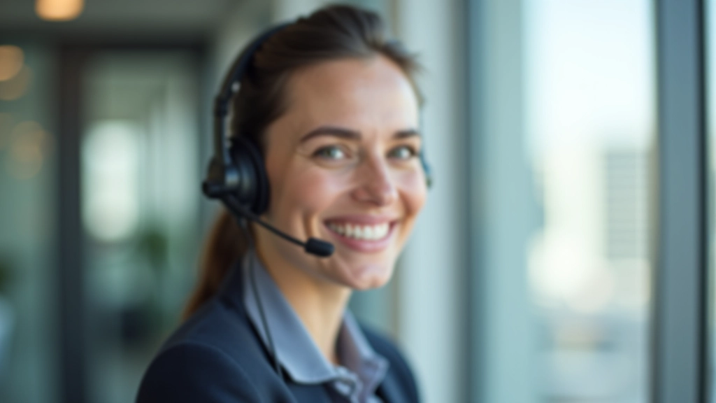 Mulher profissional usando headset no escritório, em pé junto à janela, sorrindo enquanto atende chamada, escritório moderno com luz natural