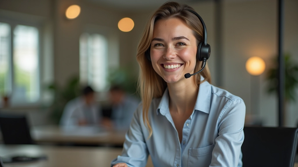Profissional em ambiente de atendimento ao cliente, sorriso genuíno, auricular e computador de suporte